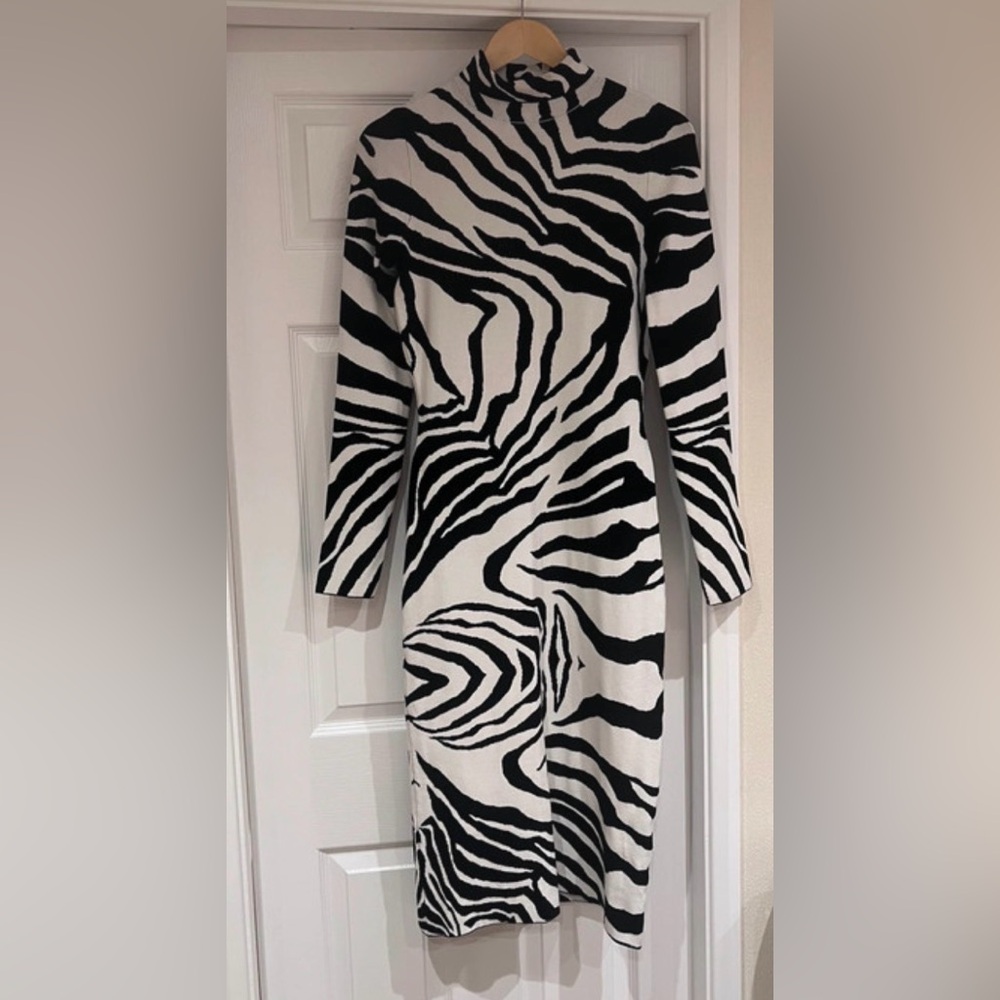Cavalli Black & White Zebra Print Turtleneck Midi Dress - Picture 4 of 13